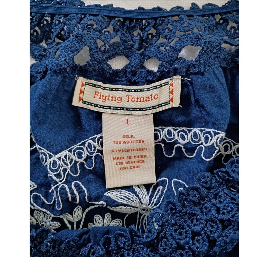 Flying Tomato Navy 100% Cotton Embroidered Crochet Off Shoulder Boho L - Picture 4 of 7